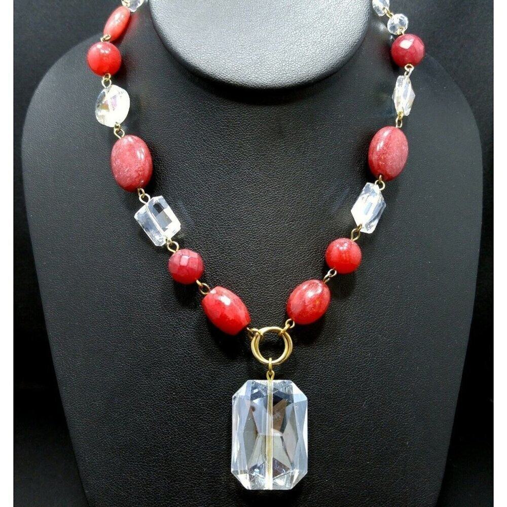 Vintage Red Spinel Beaded Gemstone Necklace, Clear Crystal Glass Pendant, 17 In